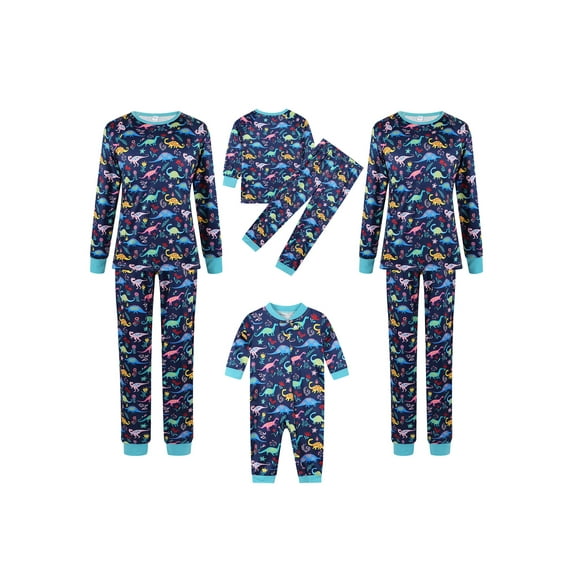 Qiylii Cartoon Dinosaur Print Christmas Matching Pajamas Set T-shirtTrousers