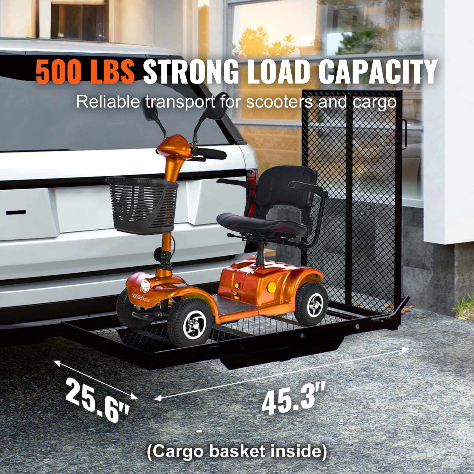 KFFKFF Hitch Mount Cargo Carrier, 45.3" x 25.6" Iron Cargo Rack with Foldable Ramp, Basket with Stabilizer and Straps, 500LBS Capacity for Mobility Scooters, Compatible with 2" Hitch Receivers