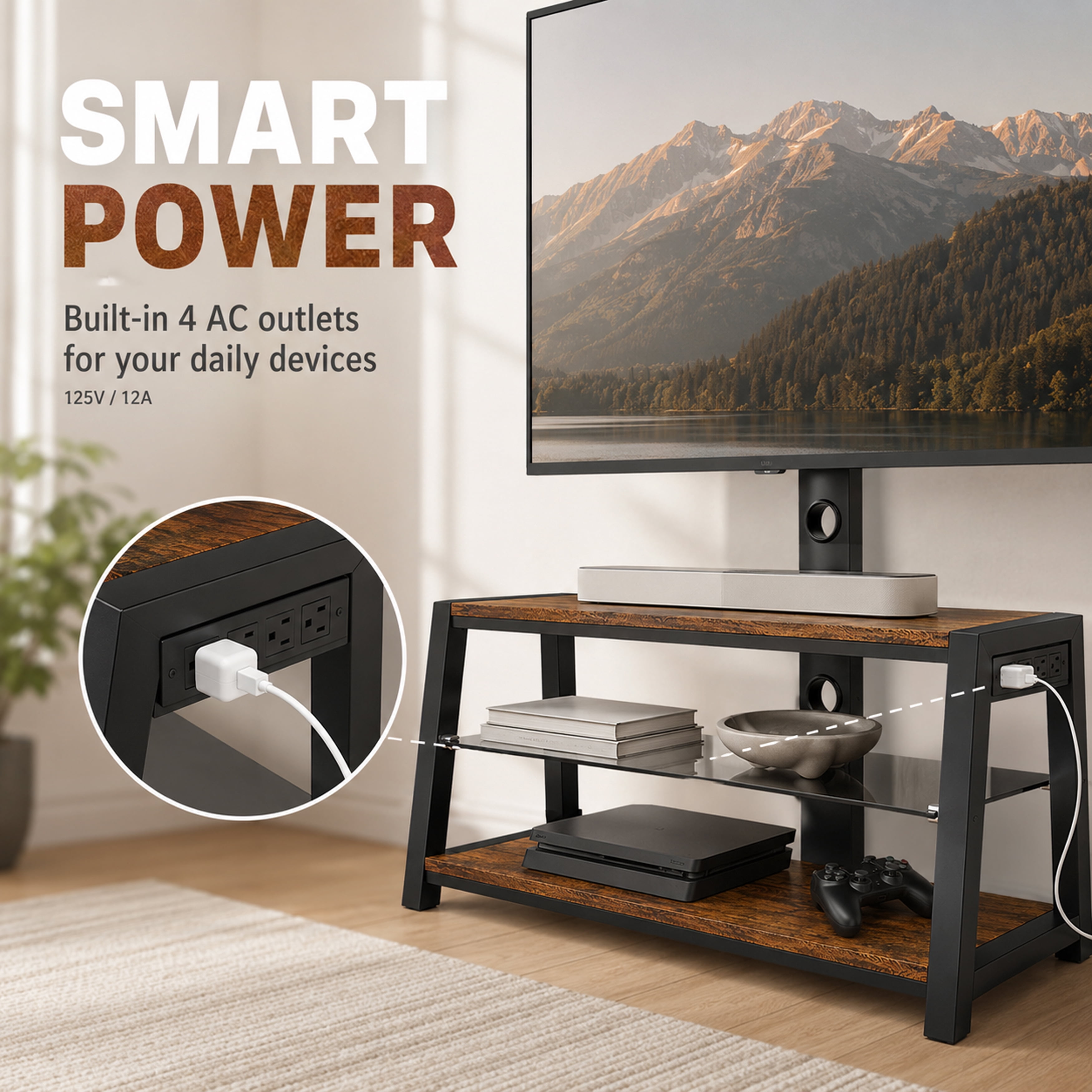 Wooden TV Stand with Swivel Mount, Height Adjustable Universal TV Floor Stand for 32-65 Inch TVs, 3-Tier Tempered Glass Entertainment Center with Power Outlet, Wire Management