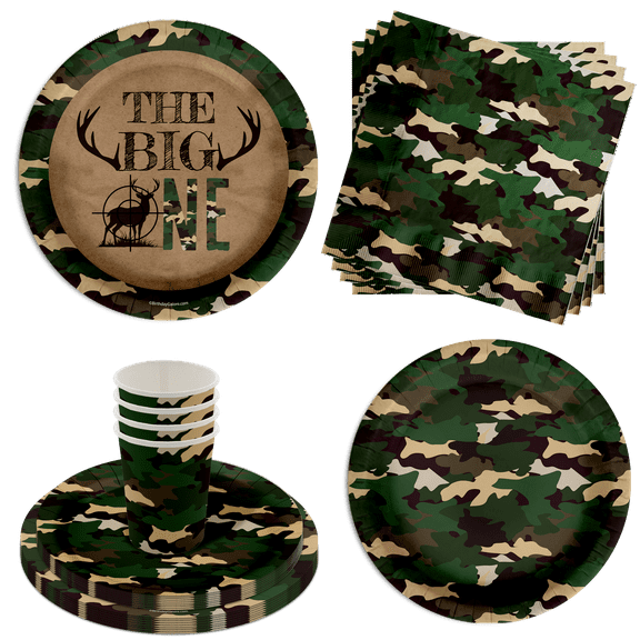 The Big One Hunting 1st Birthday Party Supplies 64 Piece Tableware Set Includes Large 9" Paper Plates Dessert Plates, Cups and Napkins Kit for 16
