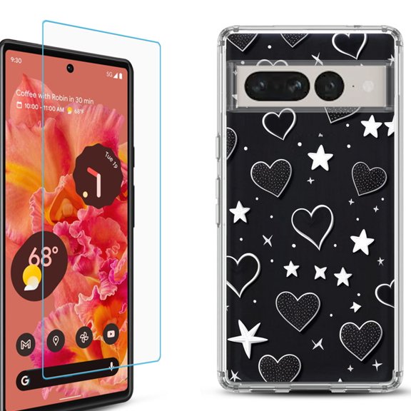 Shockproof Bumper Phone Case for Google Pixel 7, with Tempered Glass Screen Protector, by OneToughShield ® - Hearts n Stars