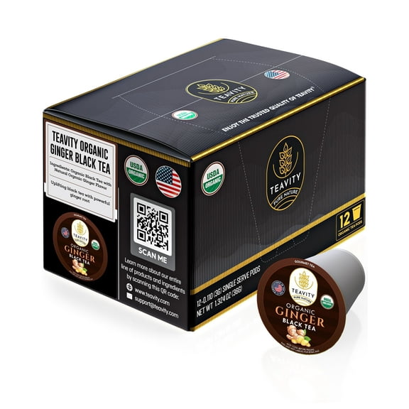 Organic Ginger Black Tea Pods for Keurig Brewers by Teavity - Naturally Caffeinated, 12 Tea Pods