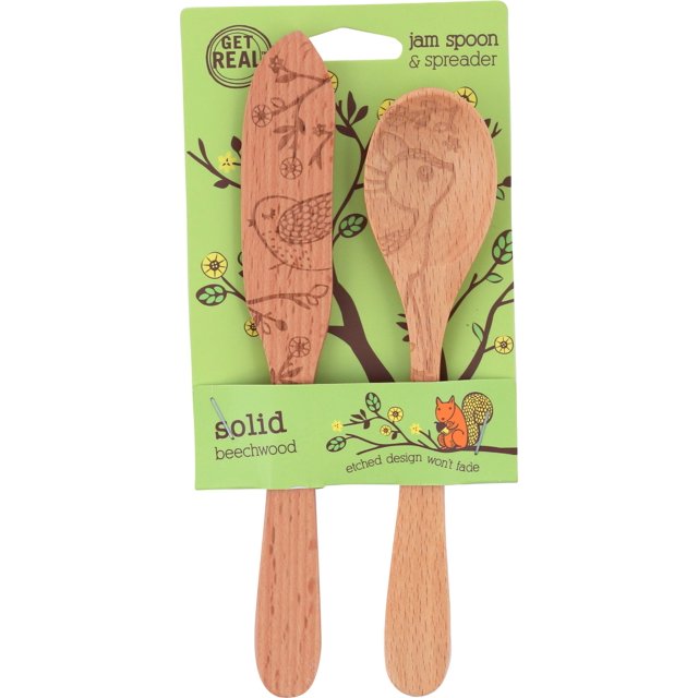 Talisman Designs Mermelada Y Cuchara De Madera De Haya Grabada Con Láser Diseño De Bosque | Juego De Esparcidor De Mermelada | Herramienta De Cocina Bonita Y Funcional | Utensilios Decorativos De Ma