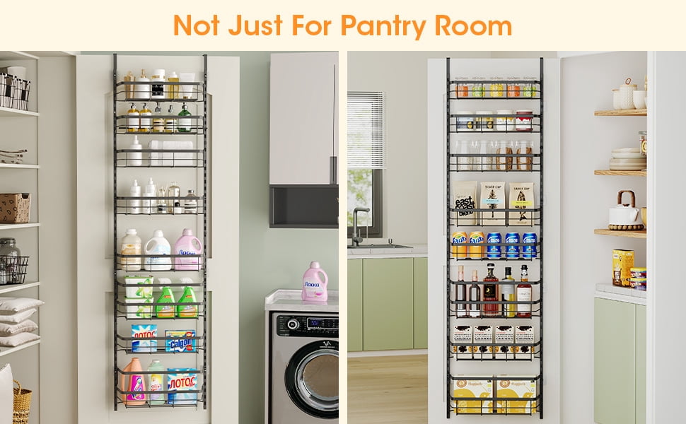 8-Tier Adjustable Over the Door Pantry Organizer with 2 Sets Hooks Fits Most Doors, Hanging Spice Rack for Pantry Door Organizer And Storage, Black