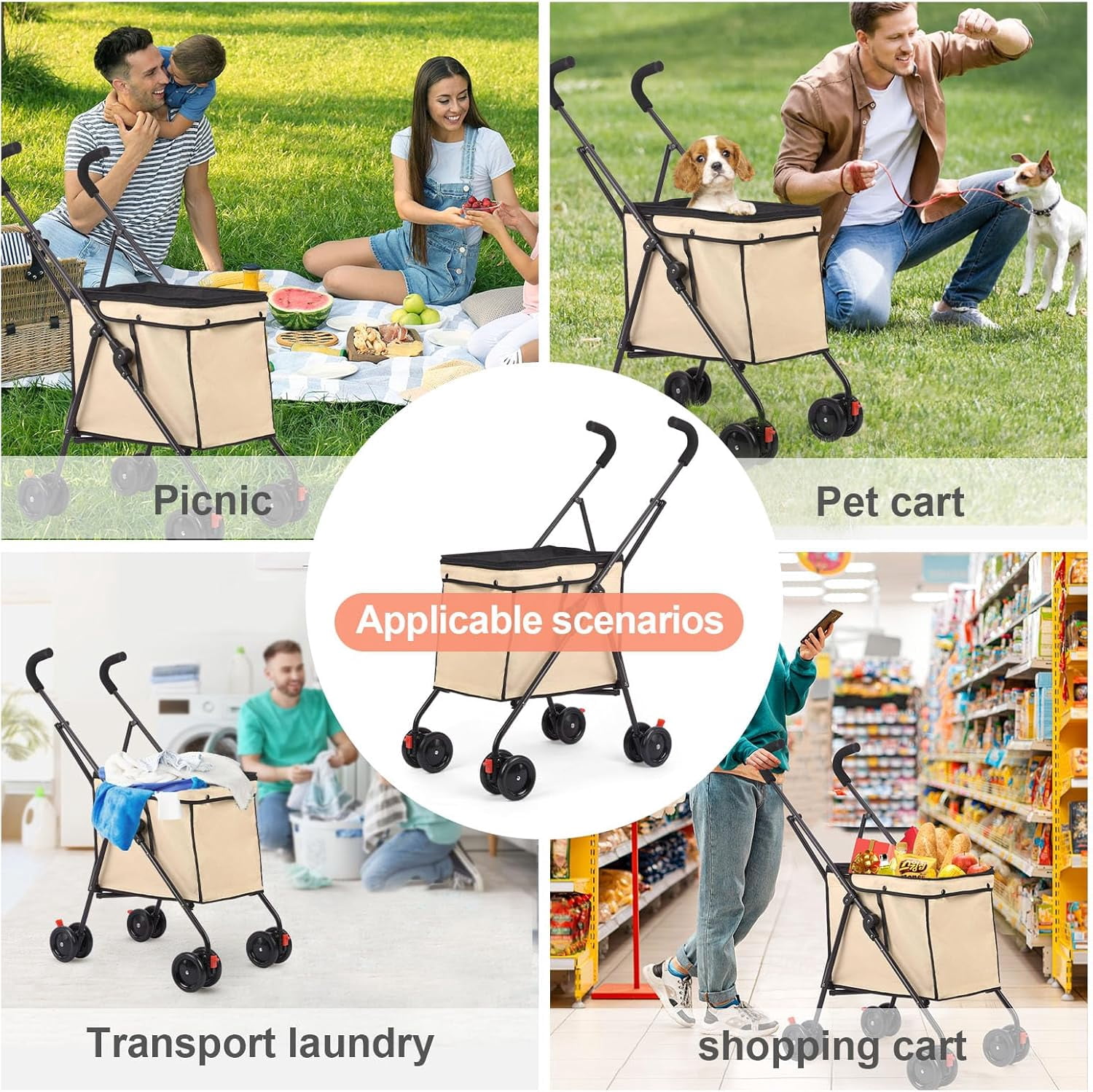Dog Strollers, Shopping Cart, Collapsible Folding Utility Wagons Carts Heavy Duty, The Original Patented, 60lbs Capacity, Minimalist for Cats Pets Outdoor Camping Shopping Sports Garden (Khaki)