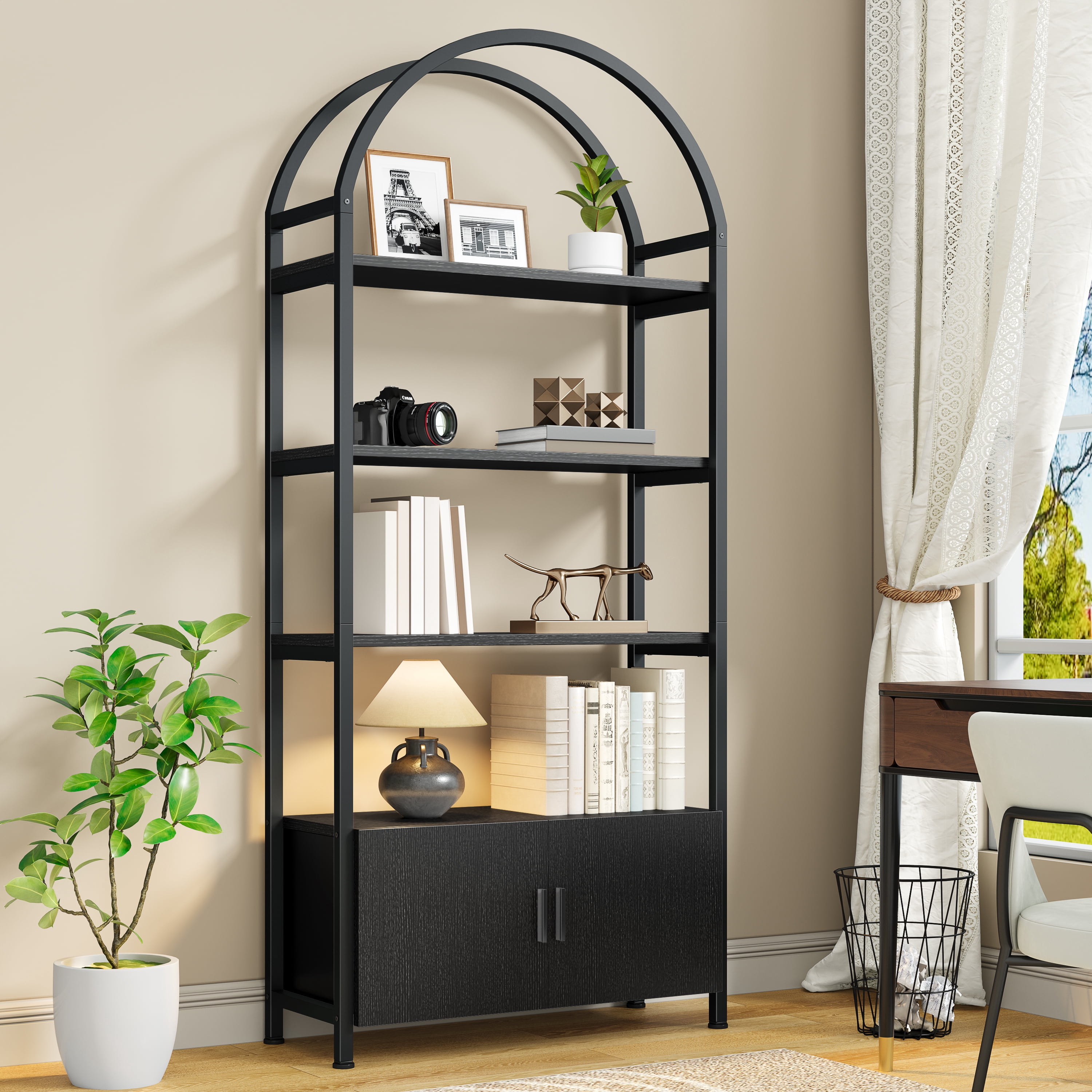 ModFurne Arched Bookcase with Doors,71" Tall Arched Bookshelf, 4-Shelf Open Display Bookshelf, Freestanding Storage Unit for Living Room/Office, Black