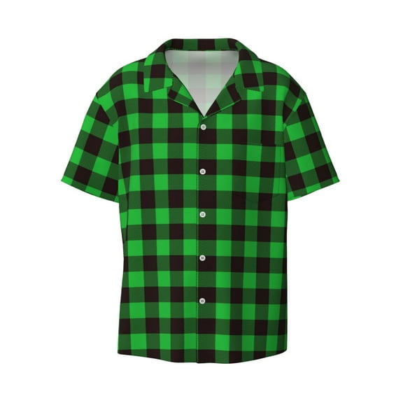 Kuqiui Buffalo Plaid Green Black Print Men's Button Down Shirts Short Sleeve Casual Shirts Hawaiian Shirts Vacation Wedding Shirts with Pocket-4X-Large