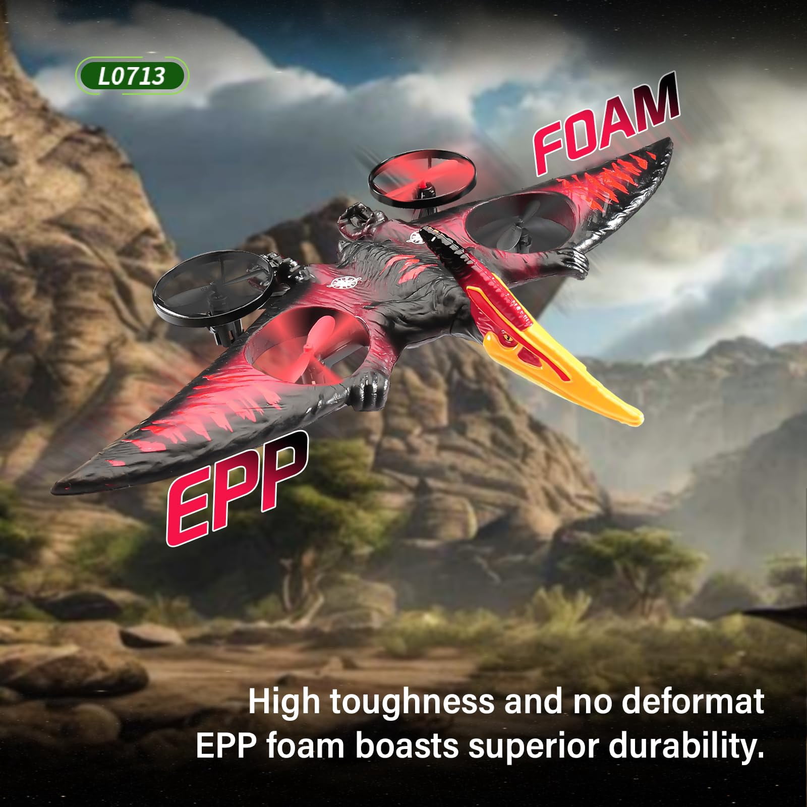 Remote Control Dinosaur Plane Drone, Flying Helicopters Toys with LED Light, Birthday Gifts for 5-12 Years Kids-Red