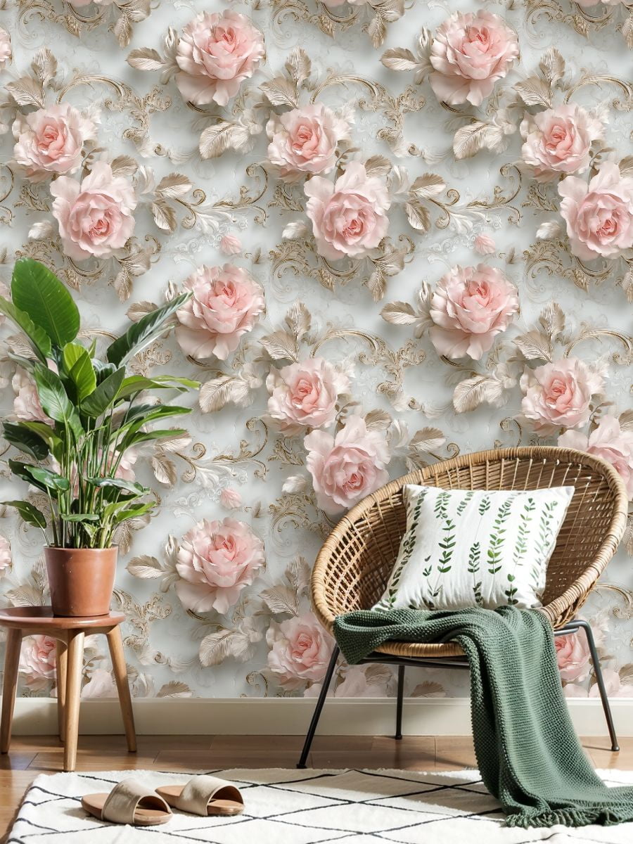 Peel and Stick Wallpaper Elegant Rose Soft Pink Flowers Ornate Gold Detailing Wall Mural 23.6in x 9.8ft Self Adhesive Removable Wall Paper Renter Friendly Wallpaper for Bedroom