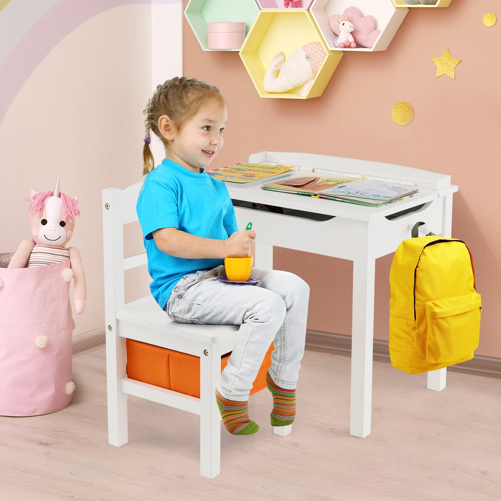 Gymax Kids Table and Chair Set Wood Activity Study Desk w/ Storage Drawer Hook White