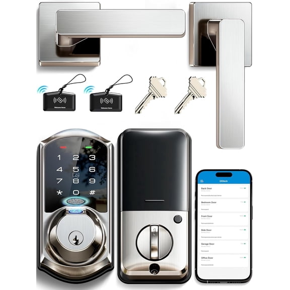 Veise VE07-L Fingerprint Smart Keypad Door Lock with Handle, Satin Nickel | App & Fob Control, 8-in-1 Keyless Entry Deadbolt, Front Door Lock Set, Electronic Digital Touchscreen, 250 Codes, Auto-Loc
