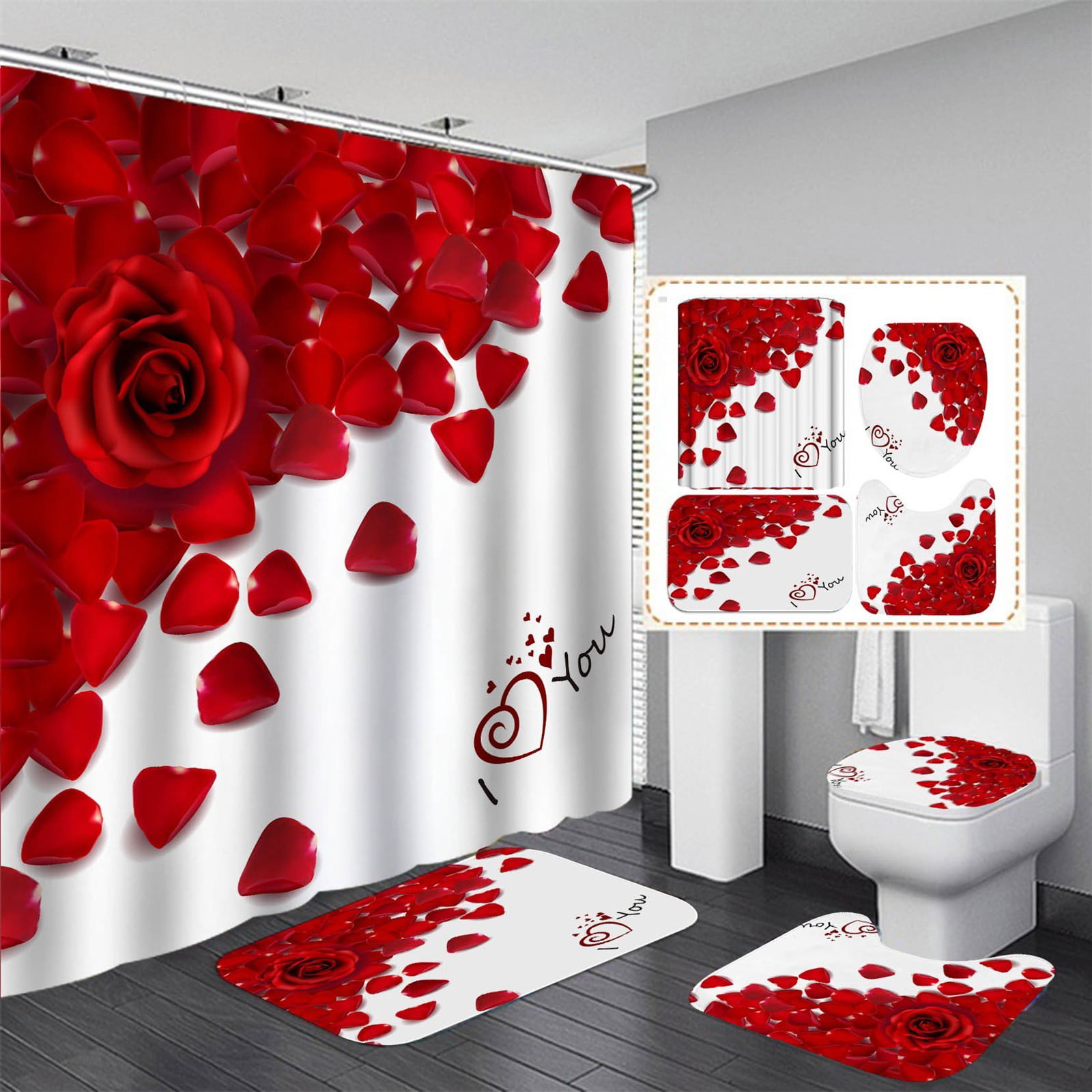 Color Rose Flower Shower Curtain Bath Mat Toilet Cover Rug Bathroom Art Decor 