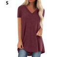 thumbnail image 1 of Camiseta casual con cuello en V superior para mujer, paño de verano suelto de lino y algodón, rojo vino, S Yuarrent AP001830-33, 1 of 7