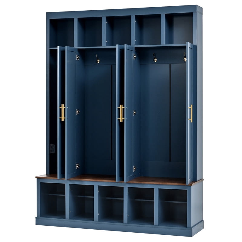 Farmhouse Hall Tree with 5 Doors and Top Storage Compartments, Entryway Coat Rack with Hooks, Mudroom Bench with Shoe Cubbies for Hallway Living Room