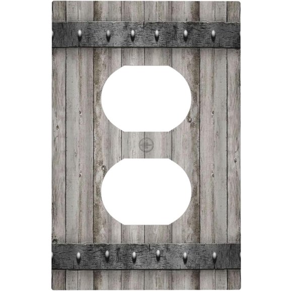 Old Distressed Barn Door Duplex Receptacle Outlet Covers Gray Natural Grey Wood Grain Electrical 1-Gang Wall Plate Vintage Nail Plank Kitchen Light Switch Cover Counter Lodge Farmhouse Decorate