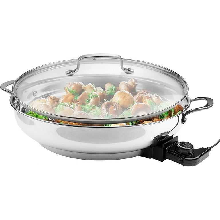 Electric Skillet By Cucina Pro - 18/10 Stainless Steel Frying Pan with  Tempered Glass Lid, 16 Round with Temperature Control Probe