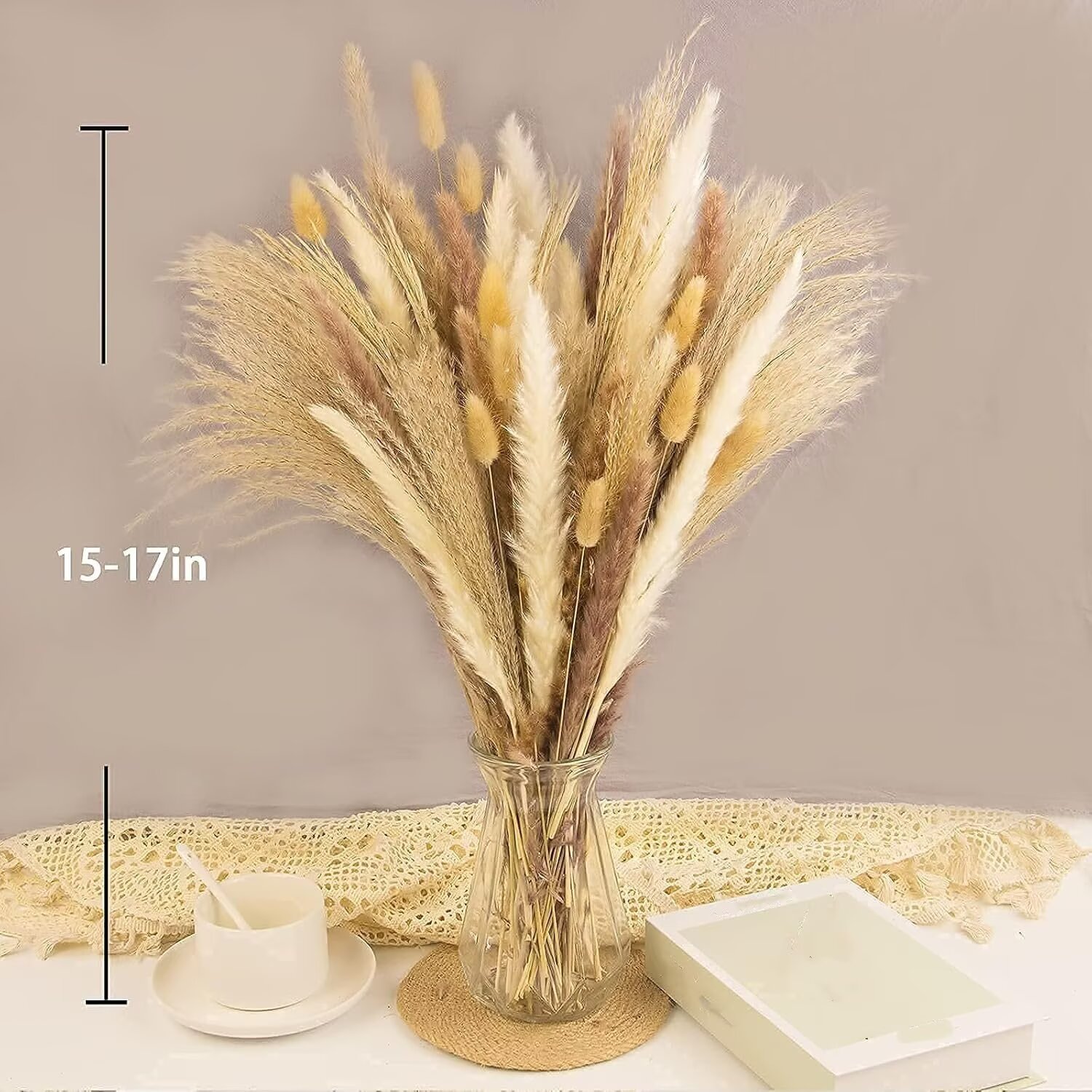 Pakyozj 65PCS Pampas Grass Decor, Including Dried Floral, Reed Dried Grass and Bunny Tails Dried Flowers, Natural Dried Pampas Grass Bouquet for Boho Decor Wedding, Home Decoration