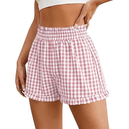 Nestiefly Boxer Shorts for Women Plaid Pajama Ruffle Shorts Casual Lounge Sleep Plaid Y2K Beach Bottoms for 2026 Summer Pink 2XL