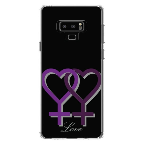 DistinctInk Clear Shockproof Hybrid Case for Samsung Galaxy Note 9 - TPU Bumper, Acrylic Back, Tempered Glass Screen Protector - Lesbian Purple Symbols Love - LGBTQ Support