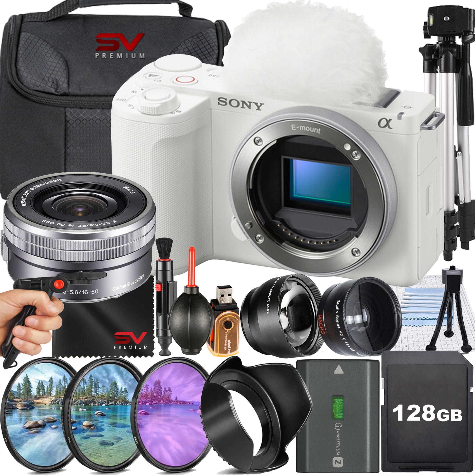 Sony ZV-E10 Camera Kit: 16-50mm Lens, 64GB Memory, Case, Grip Pod