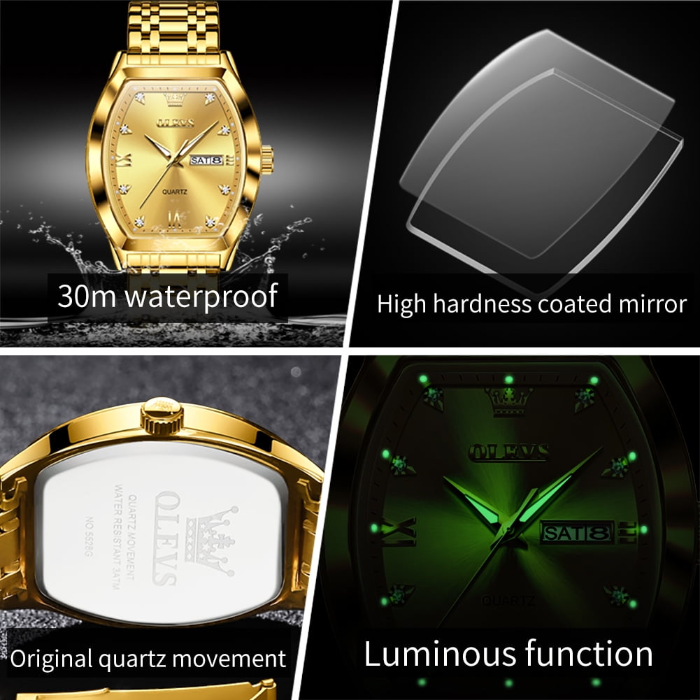 OLEVS Mens Watches Square Business Dress Diamond Analog Quartz Date Luxury Watches for Men Dress Casual Stainless Steel Waterproof Luminous Mens Wrist Watches Gifts Reloj para Hombre Gold/Black Dial