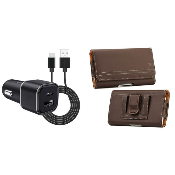 Holster and Car Charger Bundle for Samsung Galaxy A04: PU Leather Magnetic Belt Pouch Case (Brown) and Compact High Power 30W Dual USB Port (Type-C & USB-A) Auto Power Adapter
