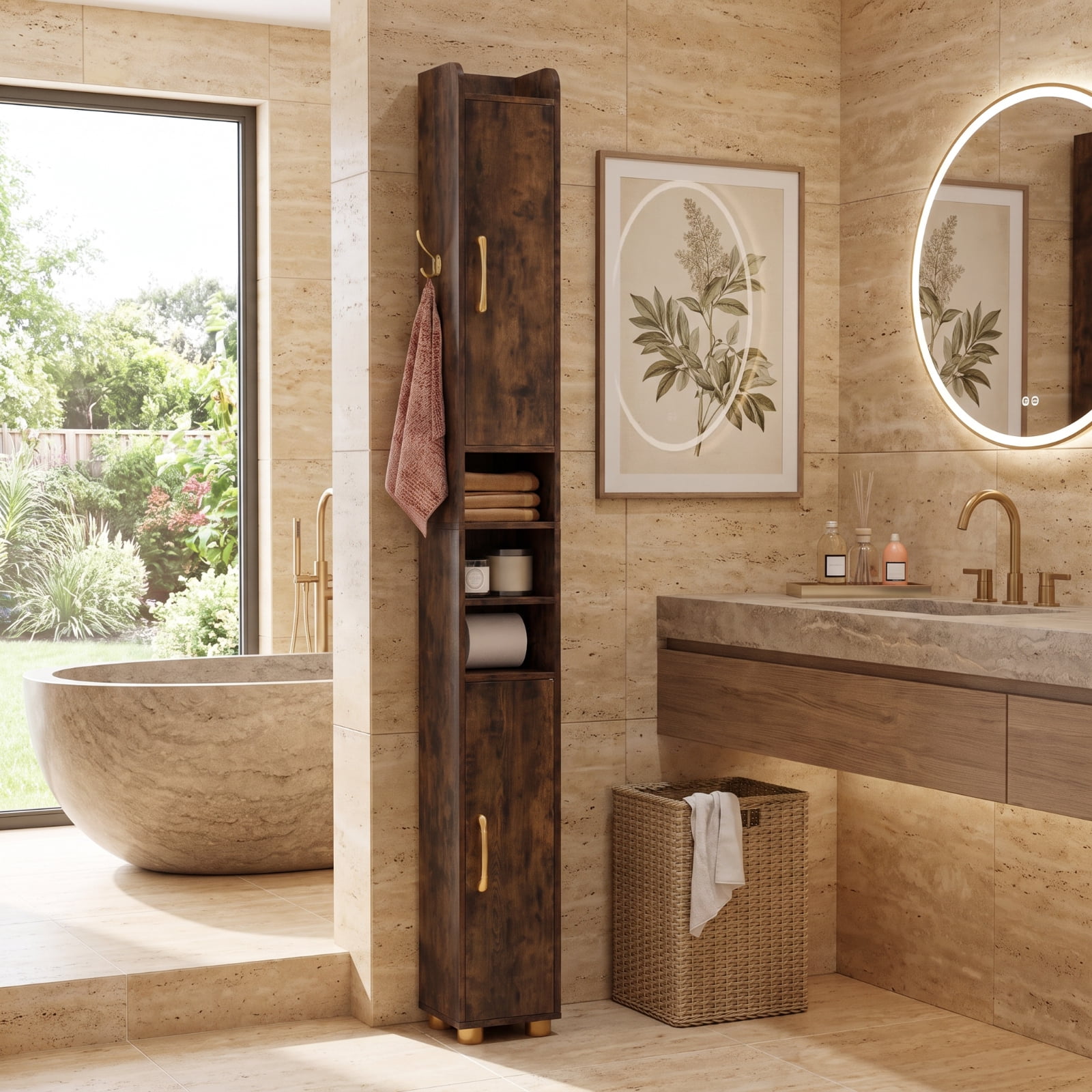 Vebreda Narrow Bathroom Storage Cabinet, Tall Freestanding Slim Cabinet with 2 Closed Cabinets, Open Shelves and Toilet Paper Holder, Adjustable Shelves and Hook, Rustic Brown