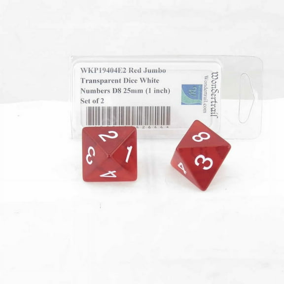 Red Jumbo Transparent Dice with White Numbers D8 25mm (1 inch) Set of 2 Wondertrail