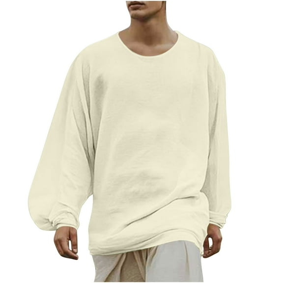 YFNNUP Oversized Shirts for Men Cotton Linen Long Sleeve Hippie T Shirt Baggy Round Neck Solid Tees Summer Fall Holiday Vacation Tops