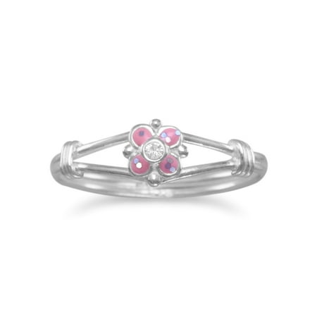 Childs Flower Ring - Pink Ring with Glitter Flower and Crystal Sterling Silver