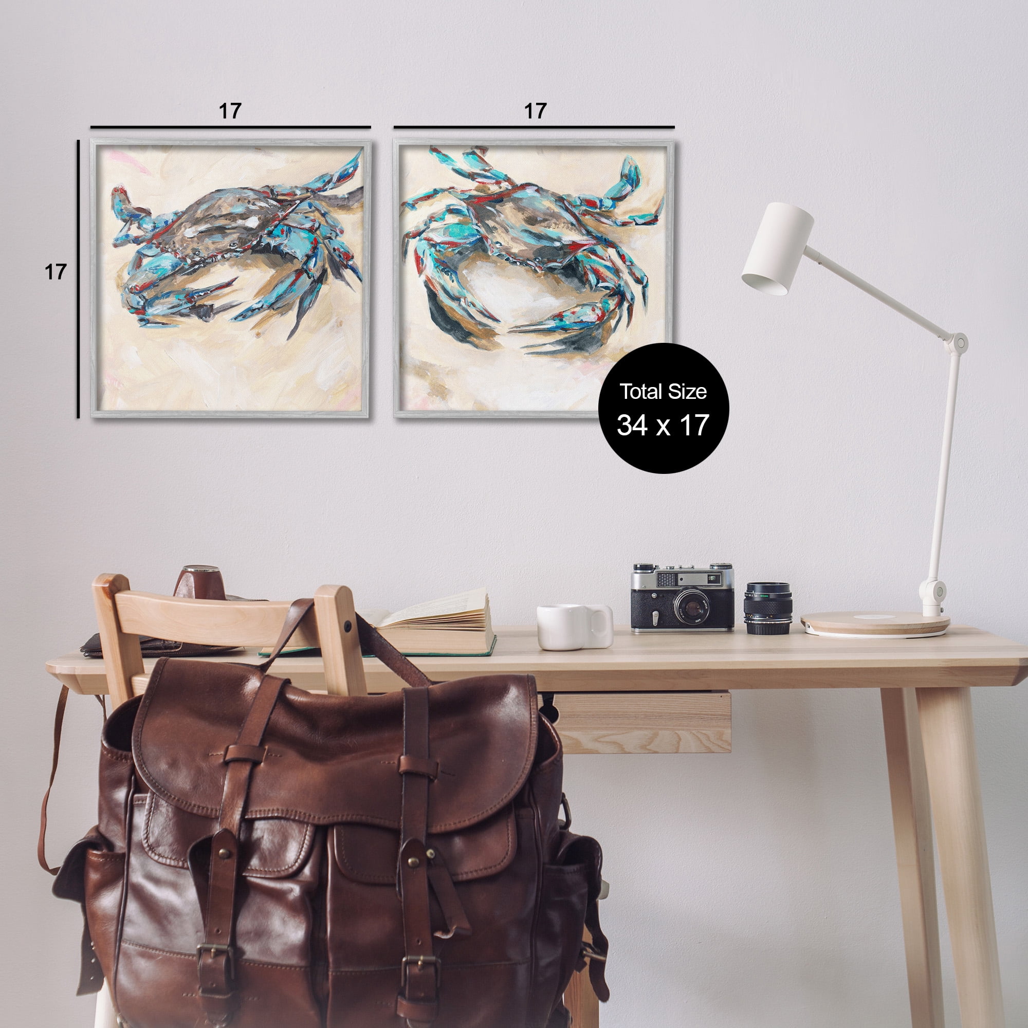 Stupell Industries Blue Crabs on Sand Animals & Insects Painting Gray Framed Art Print Wall Art, 17 x 17, Set of 2