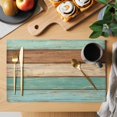 thumbnail image 2 of Farmhouse Teal Blue Brown Placemats Set of 8, Vintage Wooden Striped Placemats for Dining Table, Place Mats for Kitchen Tabletop, Waterproof Wipeable Dining Table Mats Set, 2 of 9