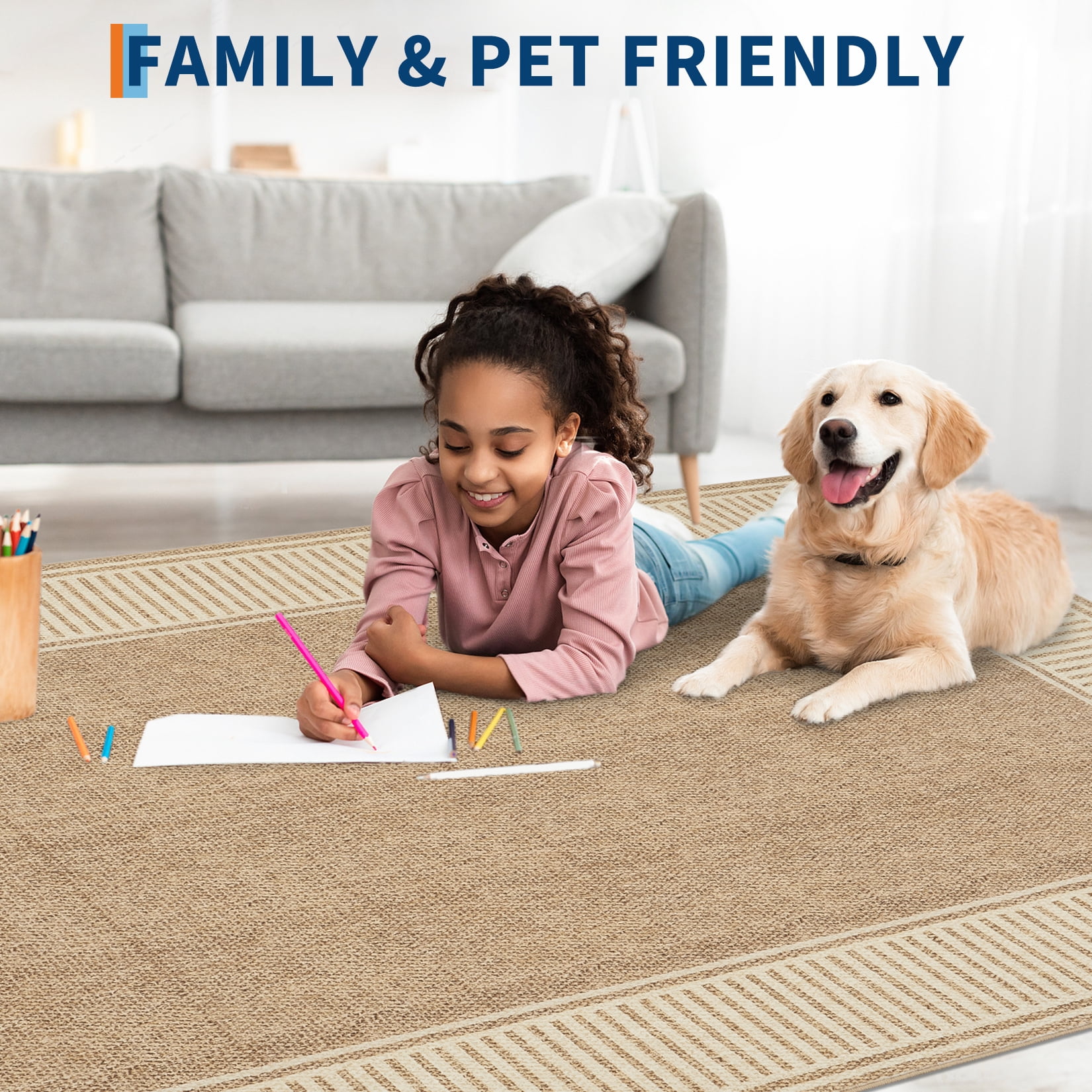 Garvee Indoor Bordered Area Rug, 5'x7' Modern Non Slip Rubber Backing Washable Rug Low Pile Striped Rugs Carpet for Bedroom Living Room Nursery Office, Linen