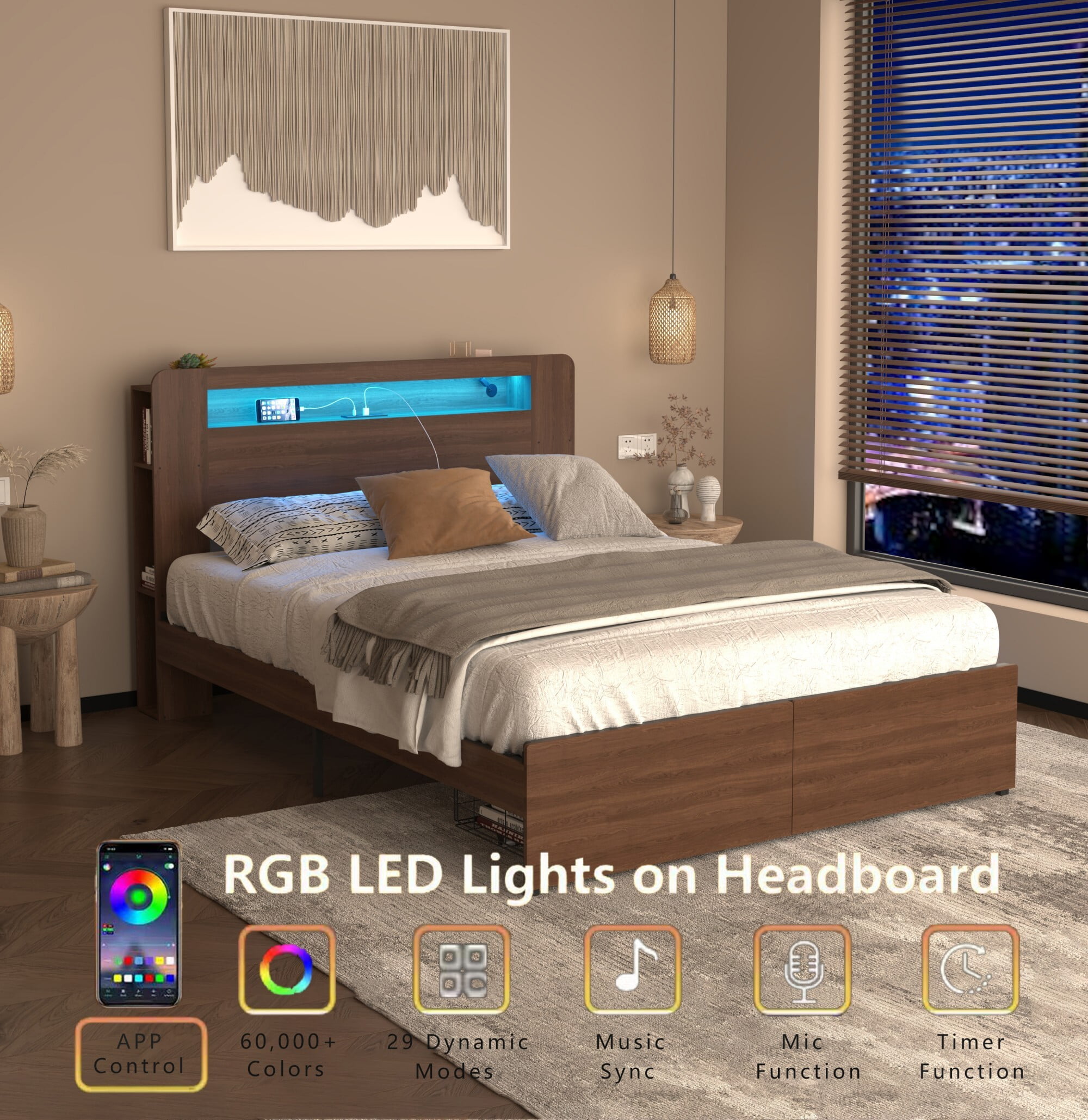 AENKYO Full Size Bed Frame with Bookshelf Headboard, Charging Station, 2 Drawers & Smart LED Lights, Walnut Color