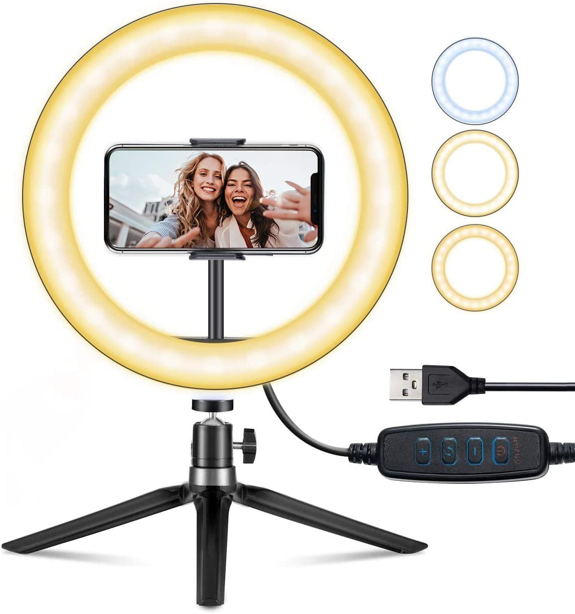 Dimmable Desk Makeup Ring Light for Photography Shooting with 10 Brightness Level & 3 Light Modes LED QY Ring Light 10 with Tripod Stand & Phone Holder for Live Streaming & YouTube Video 