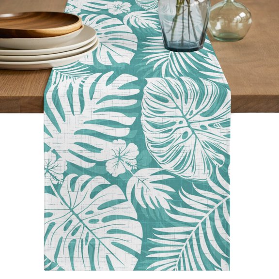Table Runners 36 Inches Long Dress Scarves, Palm Tree Monstera Farmhouse Kitchen/Dining Table Decor Table Runner, Short Coffee Tablerunners, Turquoise Teal White Leaf Boho Botanical 13x36 Inch