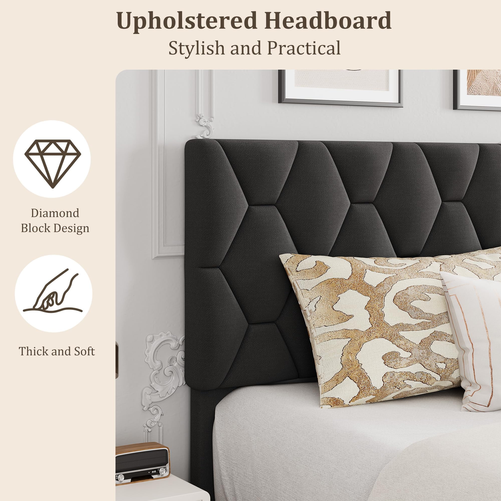 Velvet Upholstered Platform Bed Frame with Headboard, Queen Size Bed with Wooden Slats Support, No Box Spring Needed & Easy Assembly