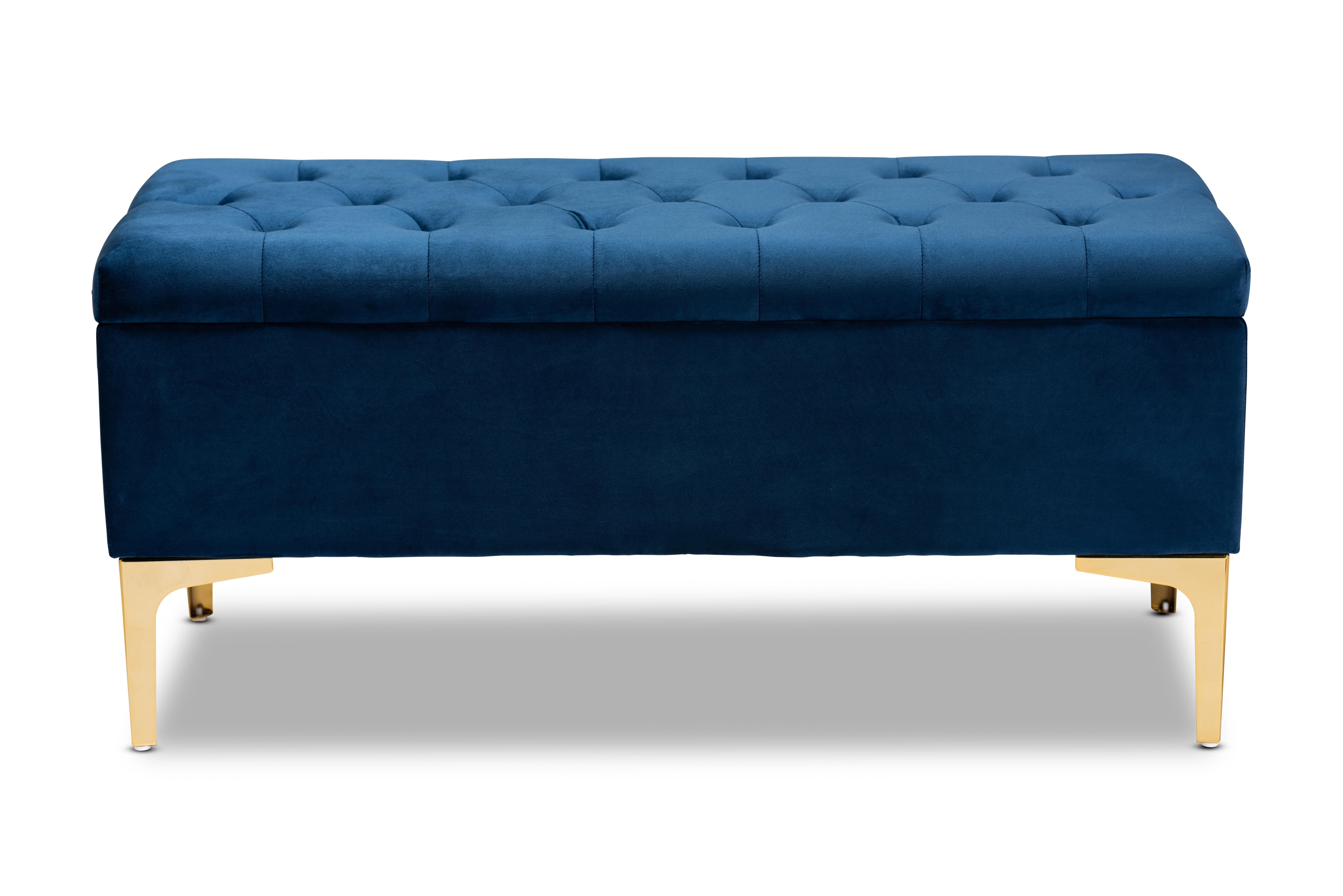 Baxton Studio Valere Glam and Luxe Navy Blue Velvet Fabric Upholstered Gold Finished Button Tufted Storage Ottoman