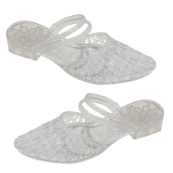 Women Colorful PVC Jelly Sandals Hollowed Out Pointed Toe Slippers Middle Heel Shoes Clear Ankle Straps Sandals
