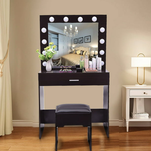 Vanity Set With Lighted Mirror Cushioned Stool Dressing Table Makeup Table Walmart Com Walmart Com