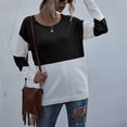thumbnail image 2 of Suéter de punto holgado con cuello redondo y bloques de color para mujer: jersey informal de manga larga con costuras, negro M, 2 of 8