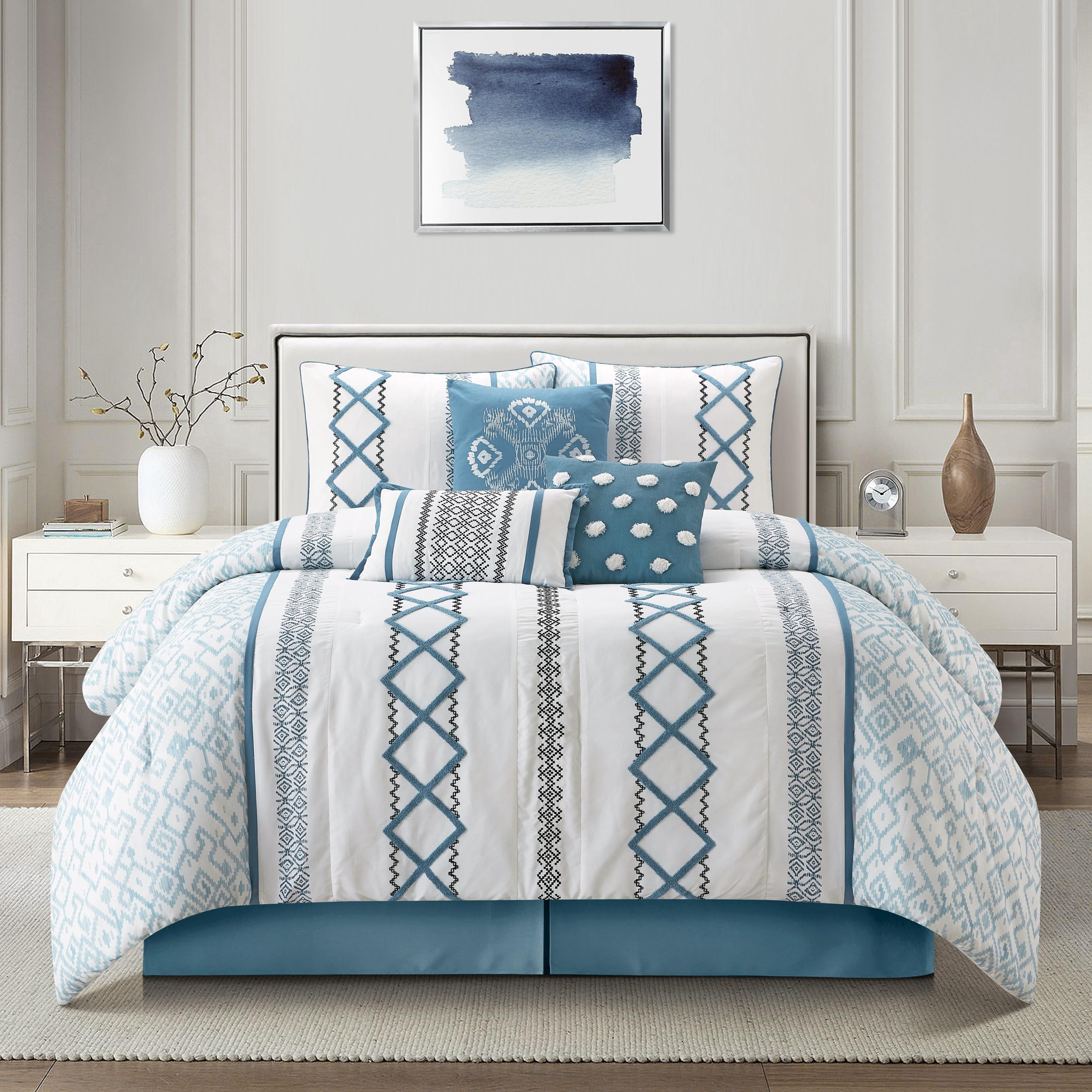 Nanshing Jamie 7 Piece Geometric Comforter Set, Blue, Queen