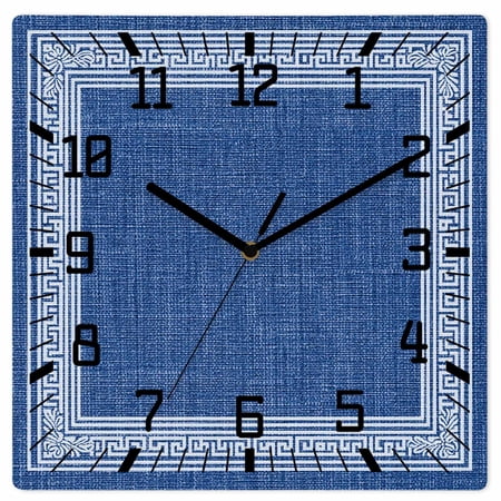 Navy Blue Geometric Wooden Wall Clock Silent Non Ticking White Greek Key Design Burlap Modern Art Square Wall Clocks Battery Operated Decor Clock for Home Office Living Room Kitchen 12 Inch