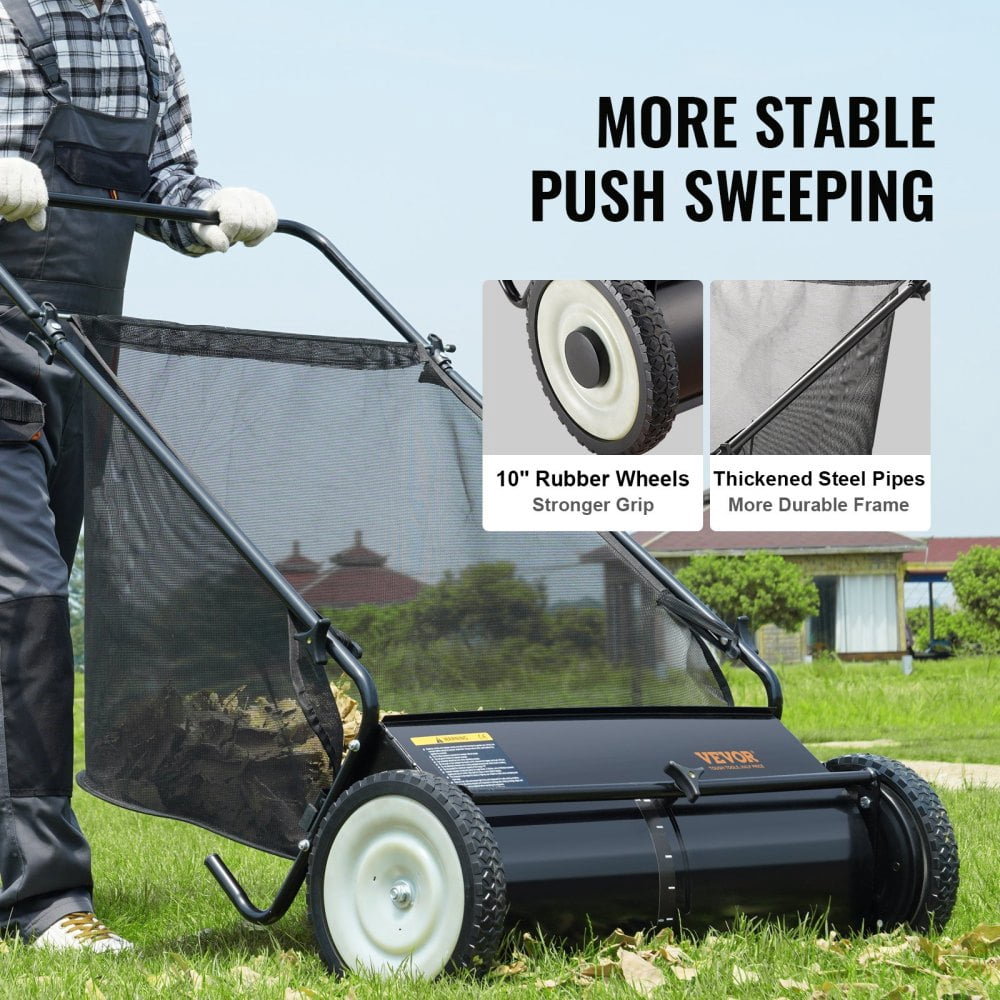 NOBOLEA 26" Push Lawn Sweeper, 7 Cu Ft Leaf & Grass Collector with 4 Brushes, Adjustable Height Heavy Duty Yard Sweeper for Lawn Debris Cleanup
