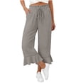 thumbnail image 3 of Hngshg Womens Capri Pants Summer Beach Vacation Ruffle Wide Leg Pants Loose Leisure Solid Color Drawstring Trousers with Pockets, 3 of 7
