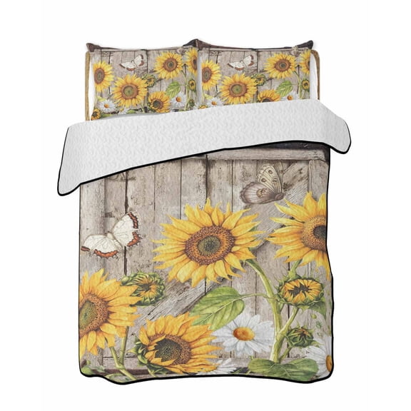 Twin Quilt Bedding Set, Farmhouse Sunflowers Reversible Summer Quilt 3 Pieces, Rustic Barn Doors Flowers Butterfly Wooden Lightweight Bedspreads Coverlets with 2 Pillow Shams for All Seasons