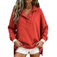 thumbnail image 4 of Womens Sweatshirts Oversized Button Collar Sweatshirt Quilted Placket Oversized Fall Outfits Relaxed Fit, Casual, Trendy, Daily Outfits Mock Neck Pullover Tops Henley Y2k Collar,Red,L, 4 of 6