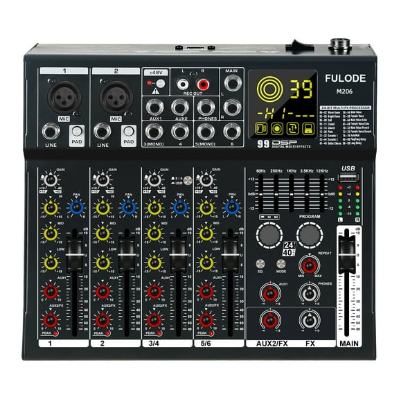 6 Channel Mixer Audio, Professional Music Sound PA Mixer DJ Mixing Board Console with 99 DSP Effects, 5-band EQ, Bluetooth, USB Interface, 48V Phantom Power for Recording Stage Karaoke