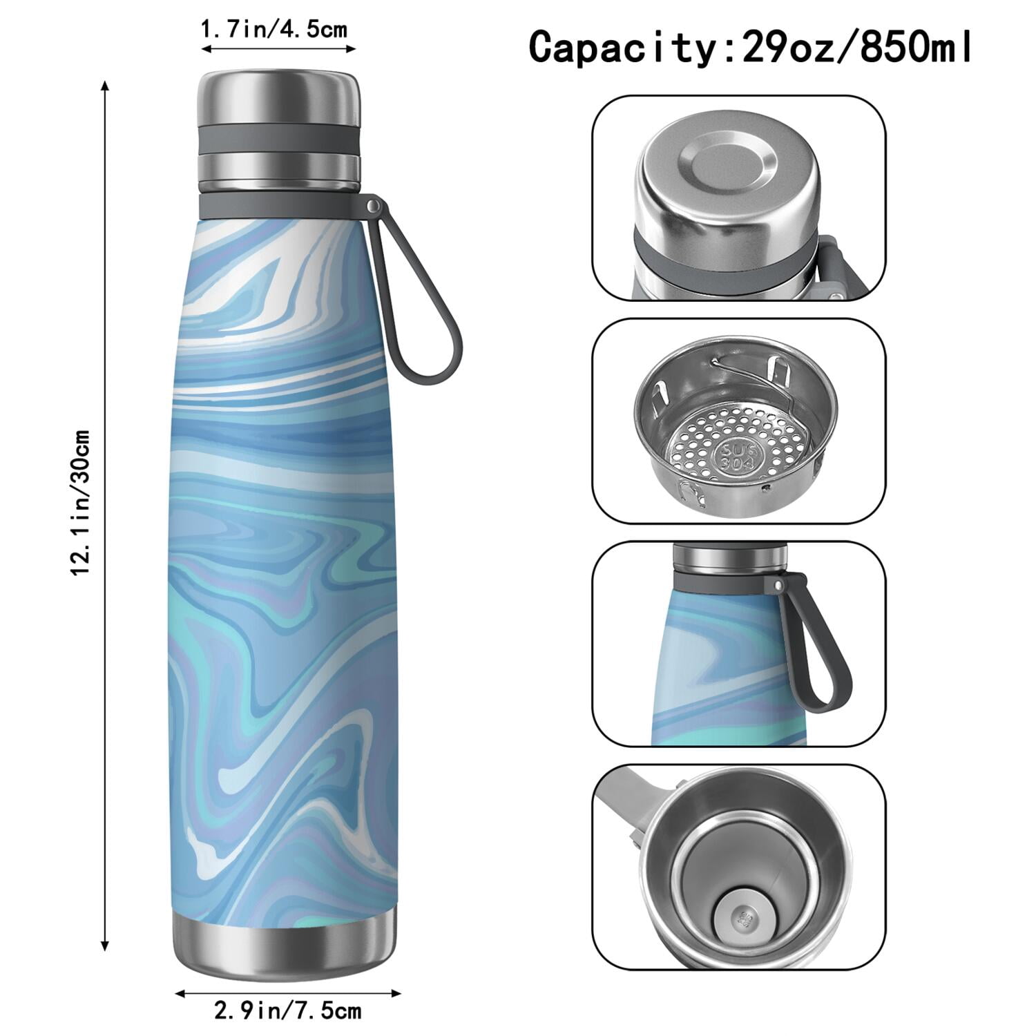 29oz Insulated Water Bottle with Tea Infuser, Stainless Steel Travel Mug, Liquid & Marble Print