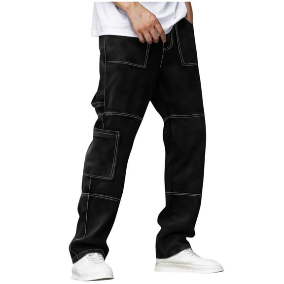 USNSM Men's High Waist Baggy Jeans Wide Leg Denim Cargo Pants Button Zipper Solid Color Straight Jeans Trousers Black M